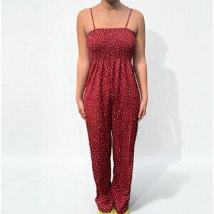SHEIN Red Polka Dot Jumpsuit With Adjustable Straps & Smocked Bodice - Size M